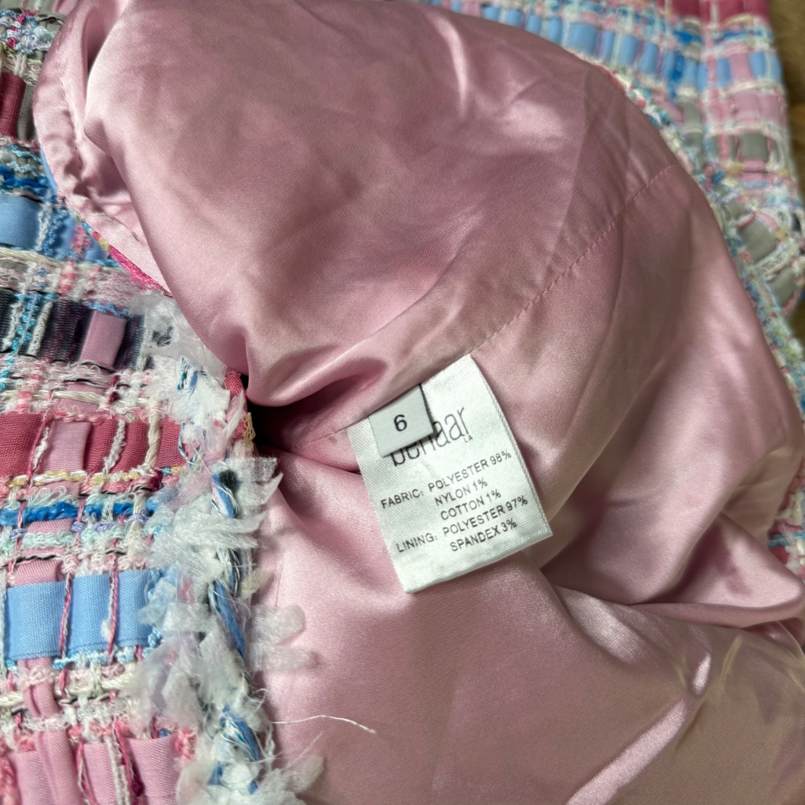 Nwt Benaar La Tweed Fringe Midi Skirt Rhinestones Pink Blue Women's Size 6 — image 7 of 8
